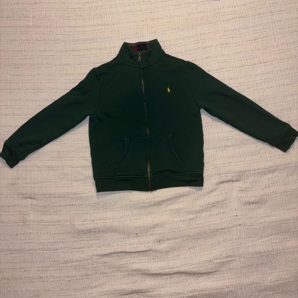 Polo Ralph Lauren Kids Green Full Zip Sweatshirt Plaid Mock Neck Size 7